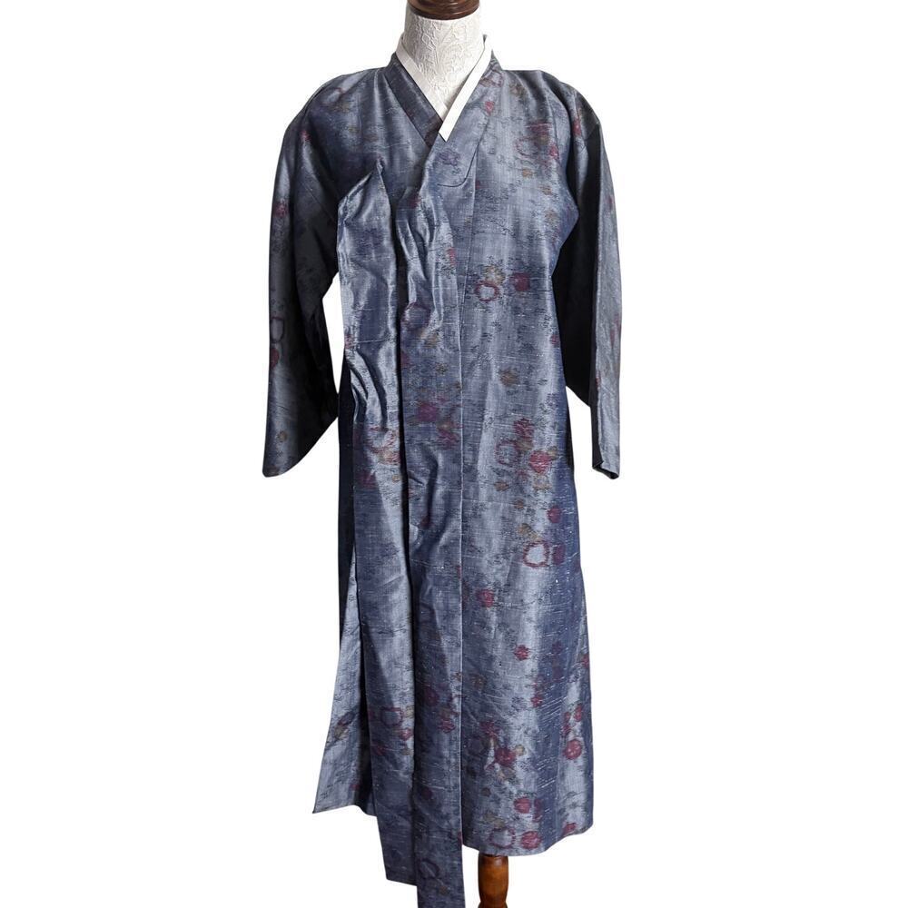 Kimono Style Robe Blue Raw Silk (?)Look  Floral Lined Long Belted No Waist belt